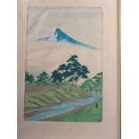 Two Japanese watercolours on silk, view of Mt Fuji and boats on a lake, 14" x 9 1/4", in gilt