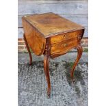 An Edwardian figured walnut Pembroke work table, fitted two drawers, on cabriole supports, 37 1/2"
