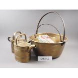 Two brass watering cans, two jam pans, a Tiger Moving game, and other items