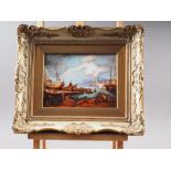 A pair of enamelled porcelain panels, harbour scenes with figures, 7" x 9 1/2", in deep gilt swept