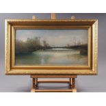 J Dawkins: oil on board, "On the Medway", 9 3/4" x 19 1/4", in ornate gilt frame, with another