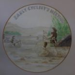 'Early Cyclist Meeting' an original circular watercolour depicting stone age cyclists, with a