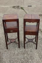 Two early 20th century mahogany wash stands, fitted one drawer, on champhered supports, 13" square x