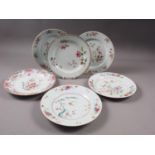 A pair of Chinese plates with floral decoration, 9" dia, a similar plate with fence, flower and rock