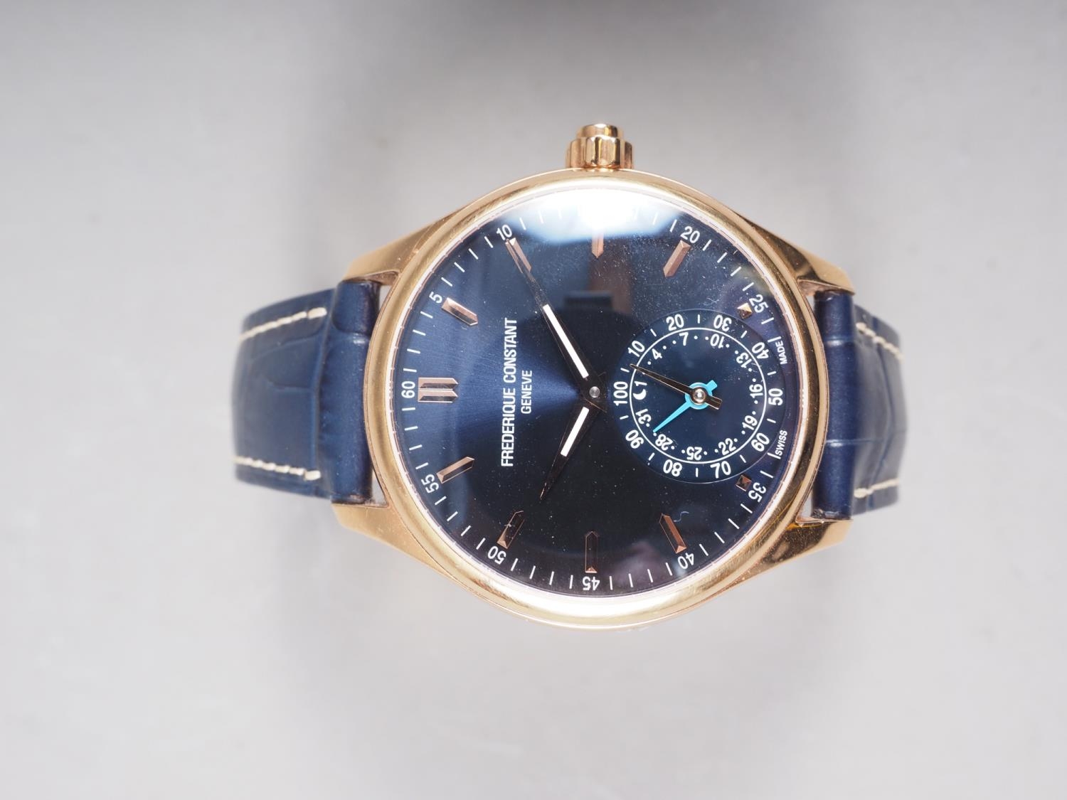 A Frederique Constant Smart Watch with yellow metal case, blue enamel dial and subsidiary seconds