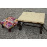 A low seat stool upholstered in a Kelim pattern fabric, and an 18th century style rectangle stool,