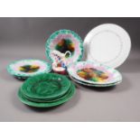 Five 19th century magnolia plates (rim chips), three green leaf plates and other ceramics