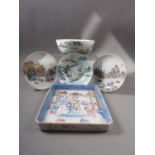 A Chinese famille verte porcelain bowl with harbour scene and poem, 6 1/4" dia, a shallow dish,