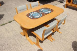 A Gangsø Møbler 1970s beech dining suite, comprising a dining table with extra leaf and tile inset