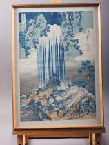 After Hokusai: a colour woodblock print "Yaro Waterfall", in strip frame