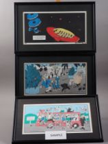 Alan Bailey: eleven limited edition coloured satirical prints, in ebonised strip frames