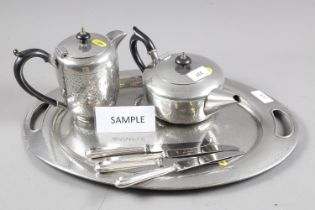 A canteen of Sheffield silver plated cutlery, loose plated cutlery, and a pewter teaset on a tray