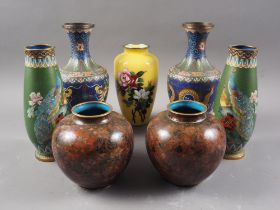 A Japanese yellow ground cloisonne vase with floral decoration, 7 1/2" high, and three pairs of