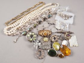 A quantity of costume jewellery, including silver brooches, a bracelet, a pearl necklace, etc