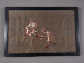 A Japanese embroidery with figure design, in ebonised frame, and a similar Japanese print, in