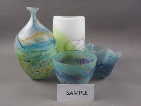A studio glass vase, marked AG, 8 1/2" high, and five other similar pieces of studio glass, various
