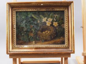 S A Dodge: oil on board, still life of bird's nest with eggs and flowers, 7" x 9 3/4", in gilt strip