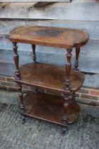 A Victorian burr walnut three-tier whatnot with brass gallery top, 26" wide x 15 1/2" deep x 29"