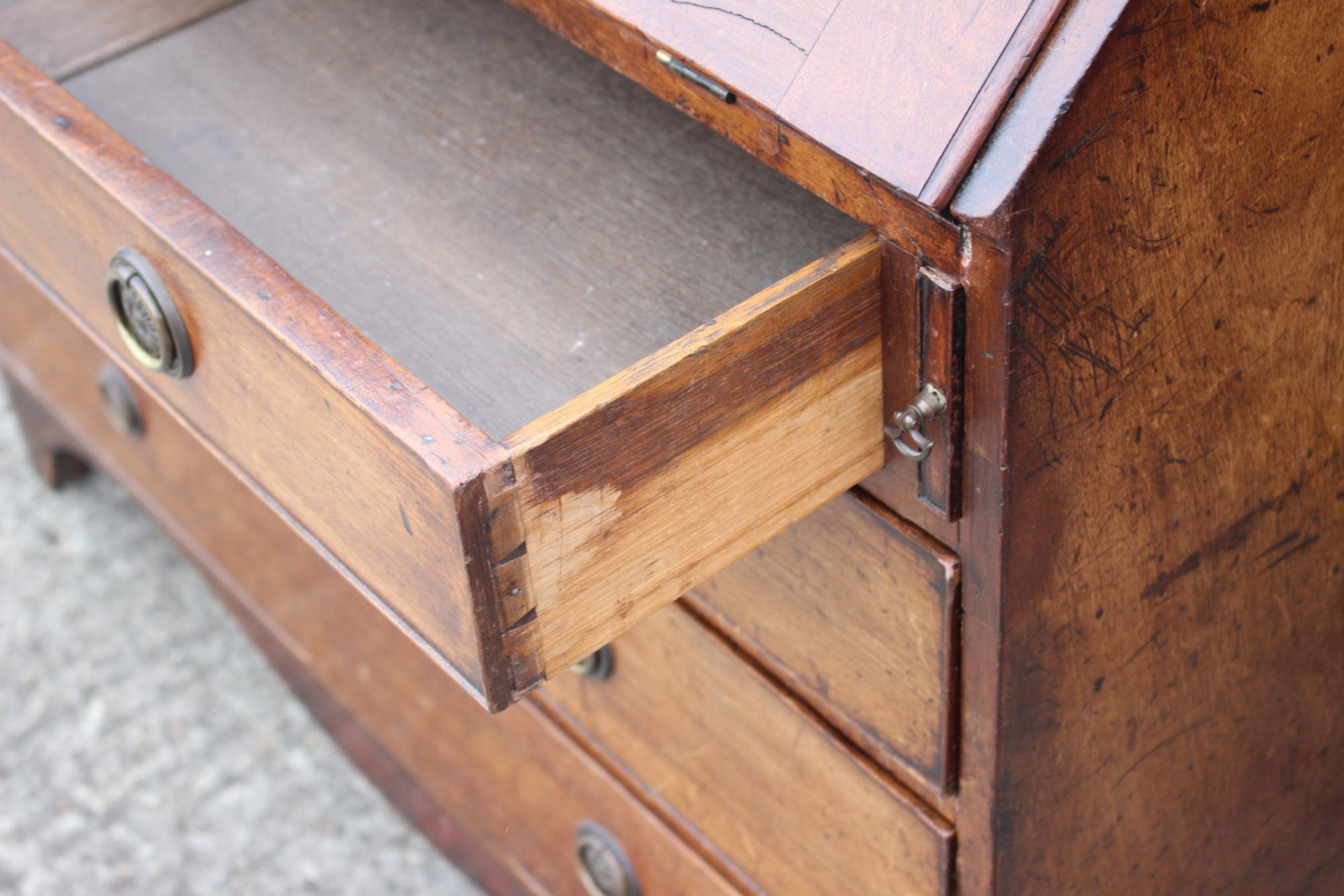 A Georgian mahogany fall front bureau, the interior fitted pigeonholes and drawers over four long - Image 2 of 4