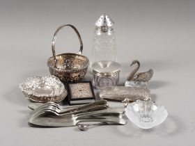 A silver evening purse, a sterling silver topped dressing table jar, a silver heart-shaped sweetmeat