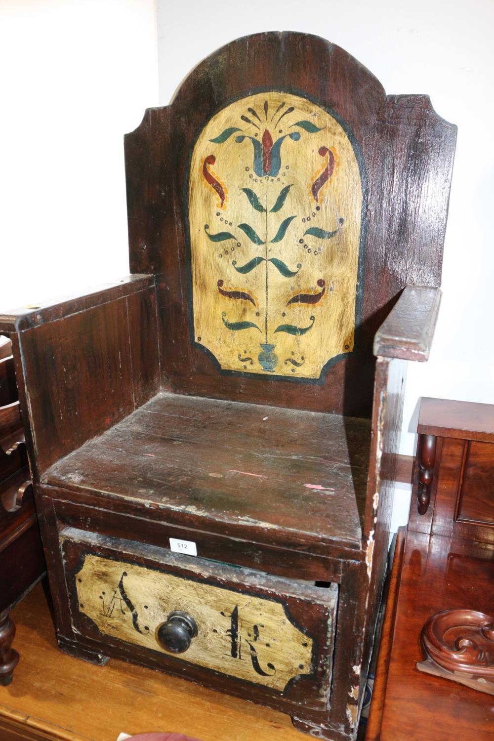 A 19th century painted "lambing" chair, fitted one drawer - Image 2 of 4