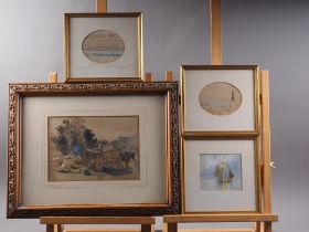 A late 19th century watercolour and bodycolour sketch, hay wagon, 7" x 7 1/2", in carved oak