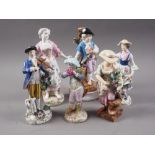 A Continental porcelain figure, man playing violin with dog, and five other similar figures (