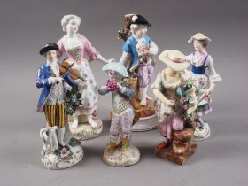 A Continental porcelain figure, man playing violin with dog, and five other similar figures (