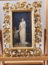 E W James: watercolours, "Lesbia and the Dead Sparrow", 7 1/4" x 4", in Florentine gilt wood frame