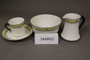 A Spode "Trapnell Sprays" pattern cake stand, a Salisbury Crown China part teaset, a brass clock,