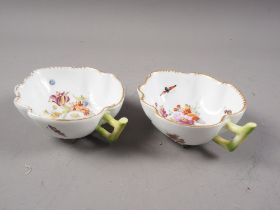 A pair of Dresden porcelain floral decorated leaf shape cups, 4 3/4" wide