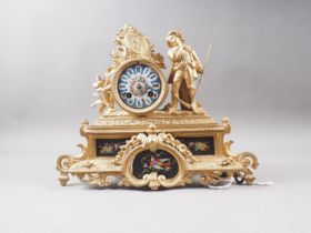 A 19th century gilt and porcelain mounted mantel clock with eight-day striking movement and