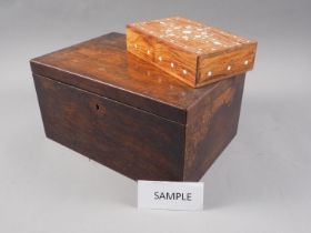 A 19th century mahogany writing box, 13 1/2" wide, a 19th century rosewood workbox, 12 1/2" wide,