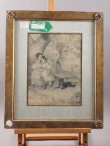 Robert Thorburn pencil sketch with watercolour, Francis Campbell and her sister, signed and dated