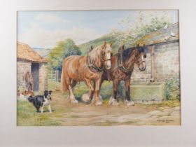 D M & E M Alderson, 1971: watercolours, farmyard scene with horses, dogs, chickens and doves, 14 1/