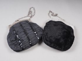 A silver mounted black velvet evening purse, and a similar evening purse with sequin stripes