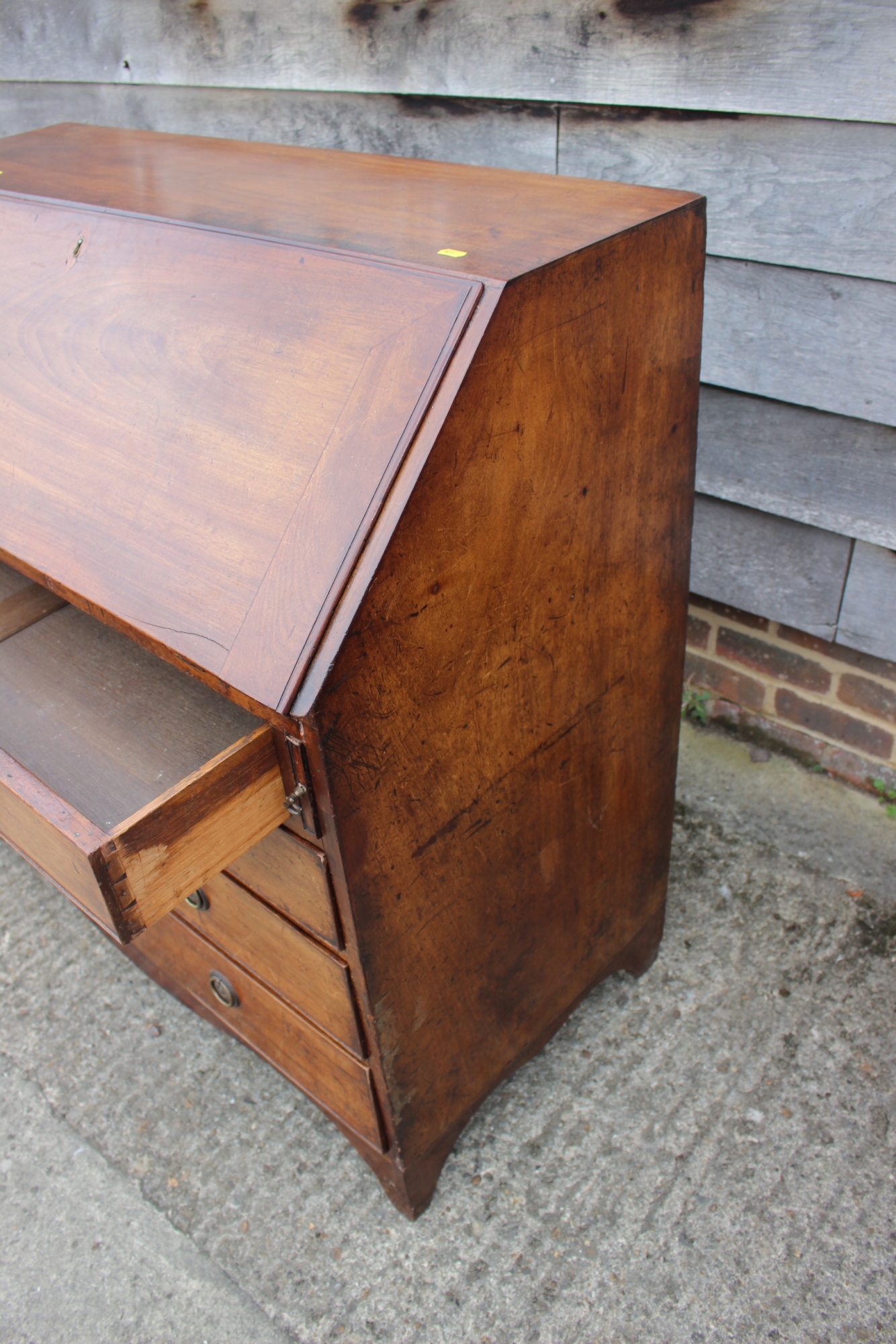 A Georgian mahogany fall front bureau, the interior fitted pigeonholes and drawers over four long - Image 3 of 4