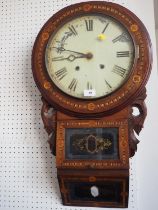 A 19th century marquetry banded drop dial wall clock with painted dial and eight-day striking