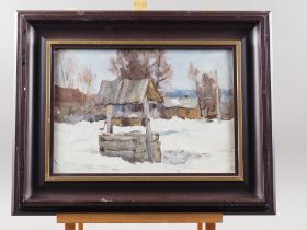 Kudryavtsev B S Konoyer, 1962: oil on board, winter scene, 9 1/2" x 13 1/4", in ebonised and gilt