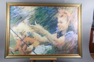 Rolf Harris: a limited edition colour print, on textured board, girls and swing, signed