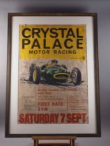 A 1960s poster, "Crystal Palace Racing, British Racing and Sports Car Club, Saturday 7th September",