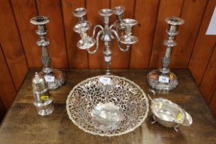 =A pair of silver plated candlesticks, 10" high, a plated bowl with pierced decoration