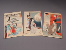 Three late 19th century Japanese woodblock prints, 10 1/2" x 7 1/4", unframed