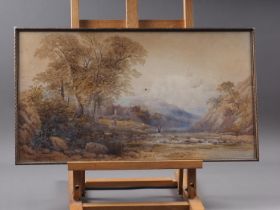 J M Arthur: watercolours, landscape with distant abbey ruins by a river, 12 1/2" x 23 1/2", in strip