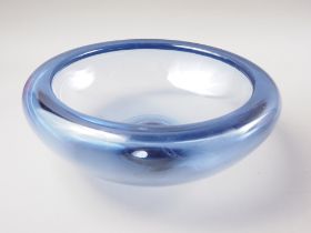 A Holmegaard studio blue glass shallow bowl, number 290411, 10" dia