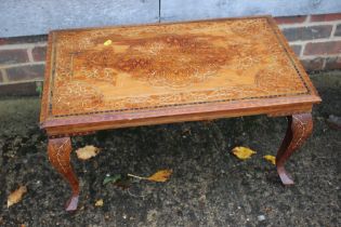 An Indian bone inlaid hardwood low occasional table, on cabriole supports and a similar table on