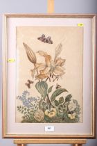 A Chinese watercolour on velvet, butterflies and flowers, 16 1/2" x 11 1/2", in strip frame