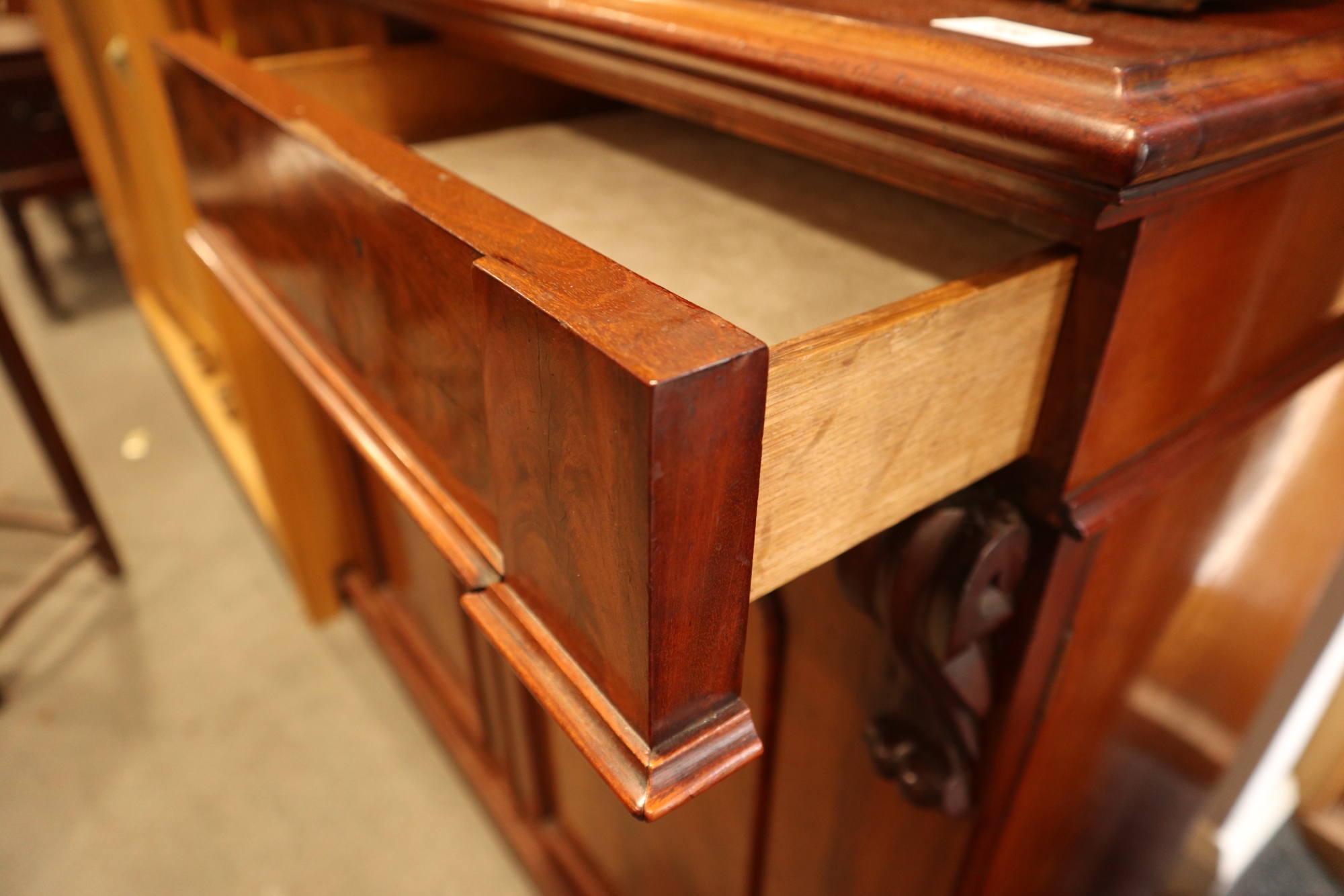 A late 19th century figured mahogany ledge back chiffonier, fitted shelf over two drawers and - Image 2 of 2