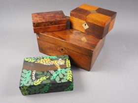 A 19th century walnut writing box, 11 1/2" wide, a thuya jewel box and three other boxes