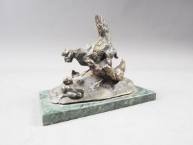 A bronze model of a hen and chicks, on a green marble base, 5" wide x 4" high, and a patinated model